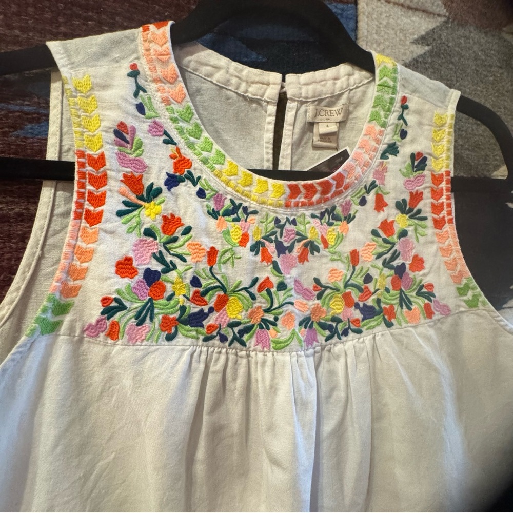 J Crew Size 4 Linen Cotton Floral Embroidered White sleevelesss Top - Picture 5 of 14